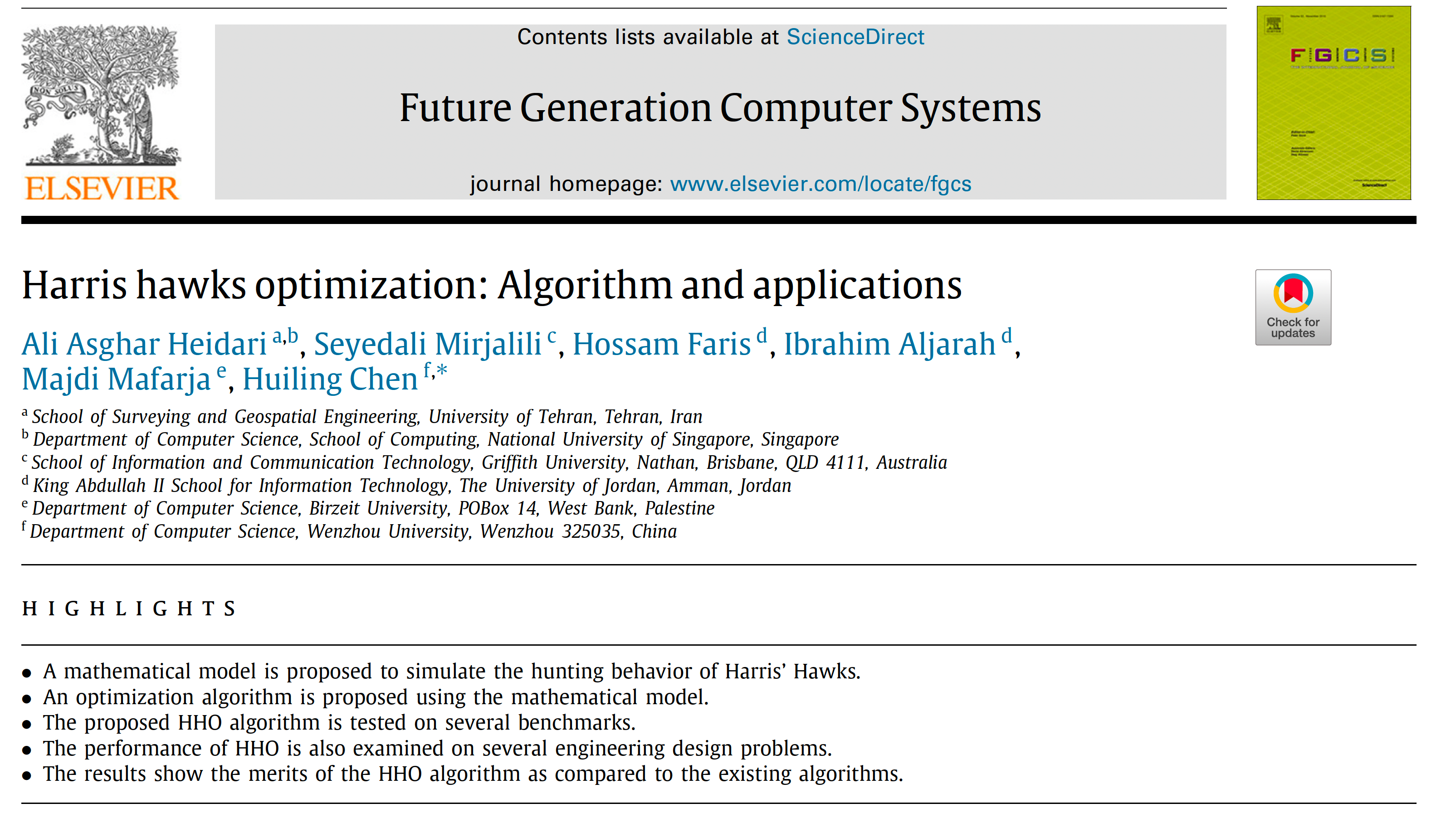 Harris Hawks Optimization — Paper original